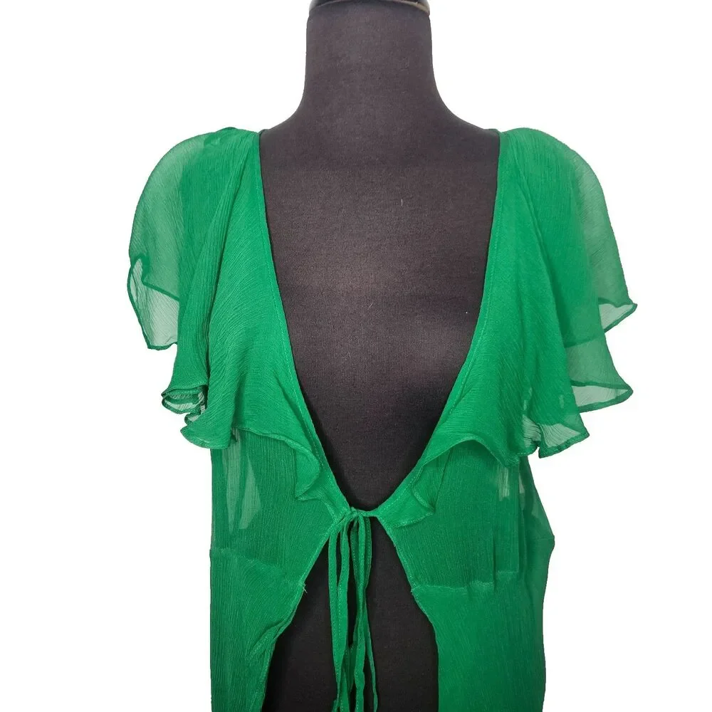 TULULA 100% Silk Duster Robe Large Green Fairy Ethereal Coquette Soft Girl